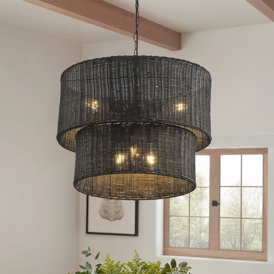 6-Lights Black Double Rattan Design Pendant Lighting