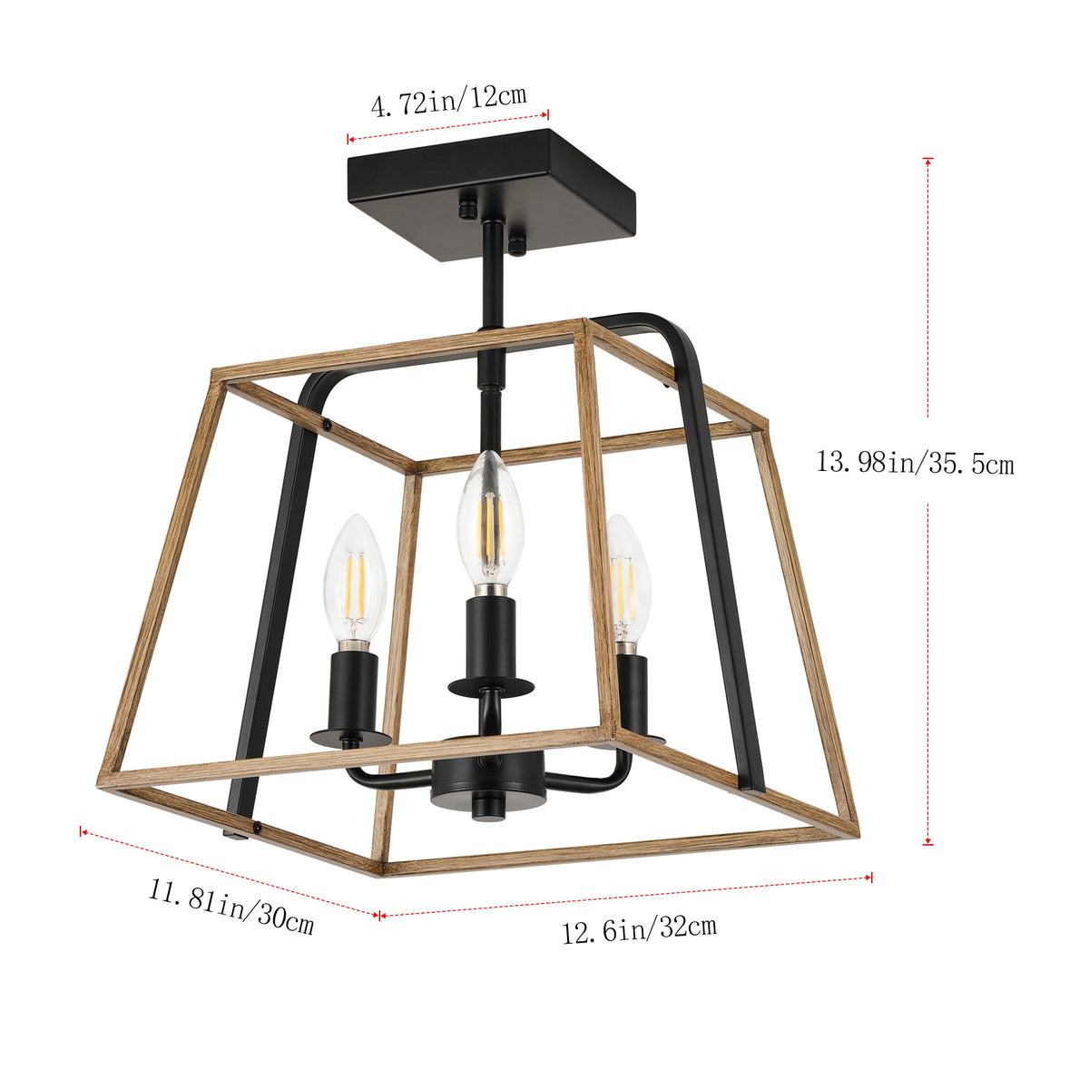 3-Light Industrial Semi Flush Mount Square Lantern Ceiling Light Brass