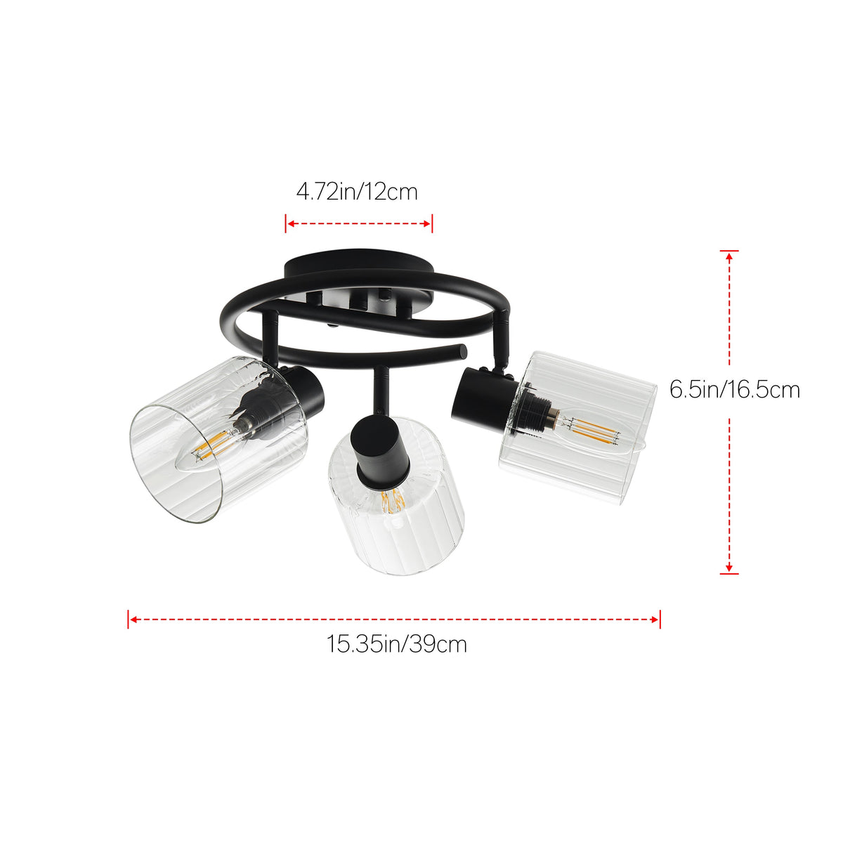 3-Light Modern Adjustable Matte Black Semi-Flushed Ceiling Light