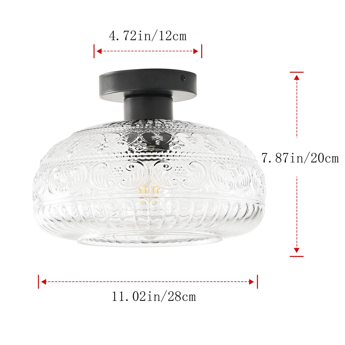 1-Light Industrial Flush Mount, Clear Patterned Glass Dome, Hallway Bedroom Ceiling Light