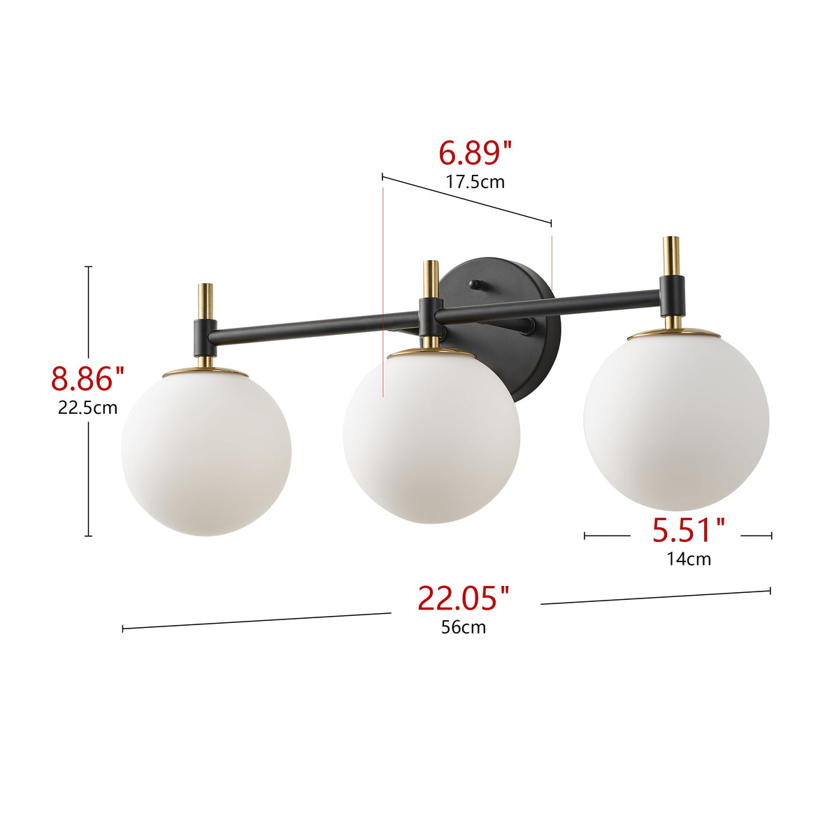 3-Light Mid-Century Modern Black & Gold Vanity Light for Bathroom