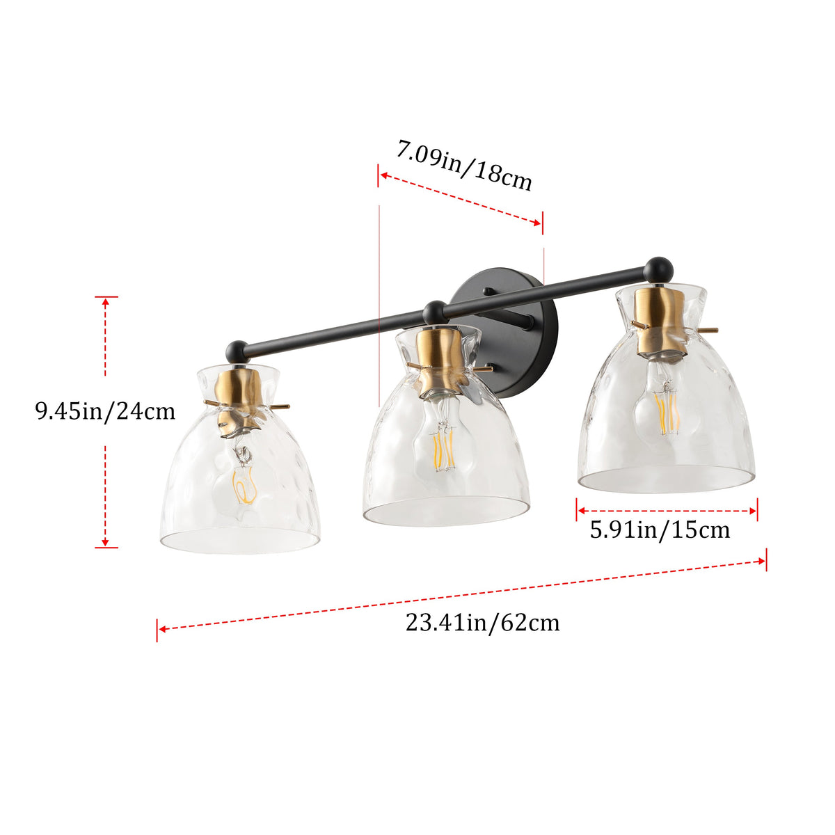 3-Light Modern Mirror Lamp Black with Brass-Textured Glass Dressing Table Lamp