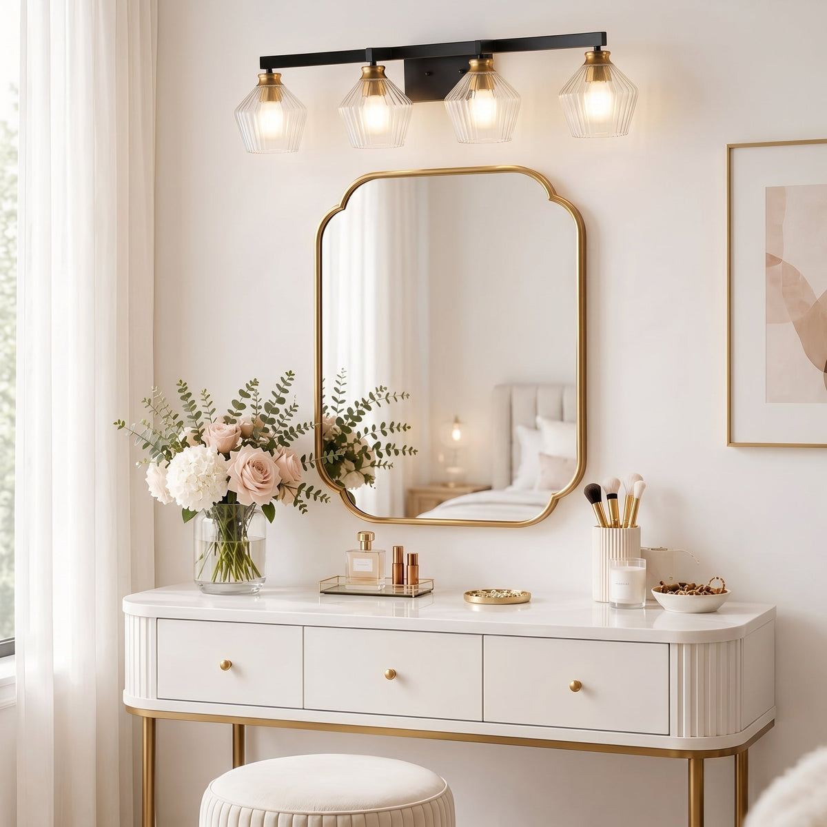 3-Light & 4-Light Black Bathroom Vanity Light with Ribbed Glass