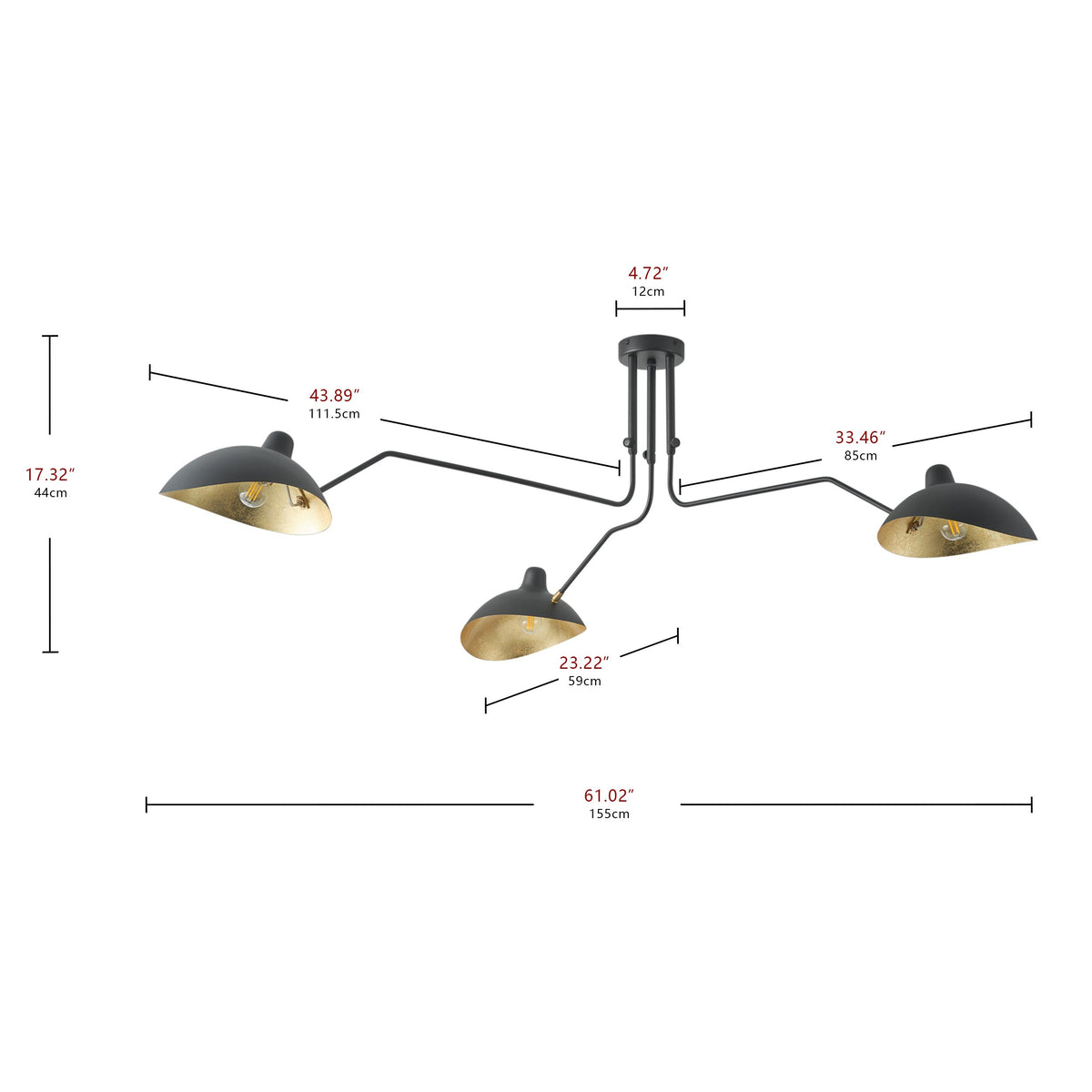3-Lights Black Rounded Shade Semi-Flush Mount Lighting