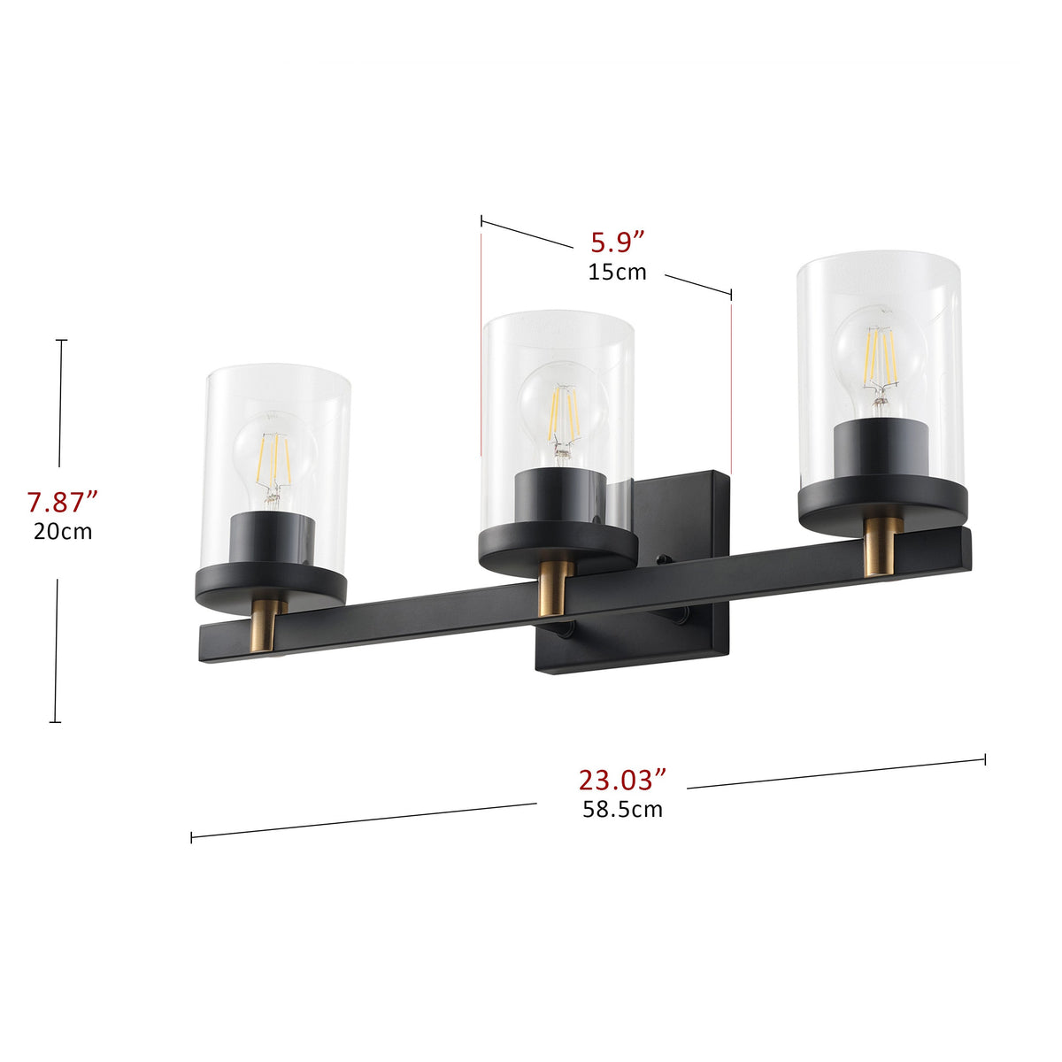 3-Lights Pine Wood Grain Color Frame with Clear Glass Shade Bathroom Vanity Lighting