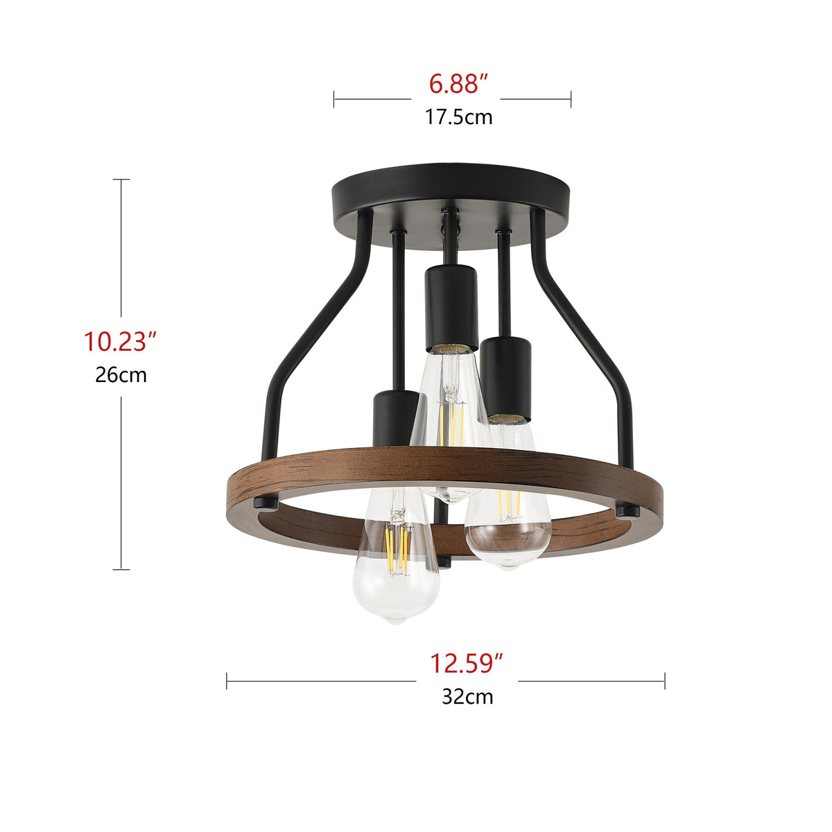 3-Lights Skeletonized Metal Frame Semi-Flush Mount Lighting