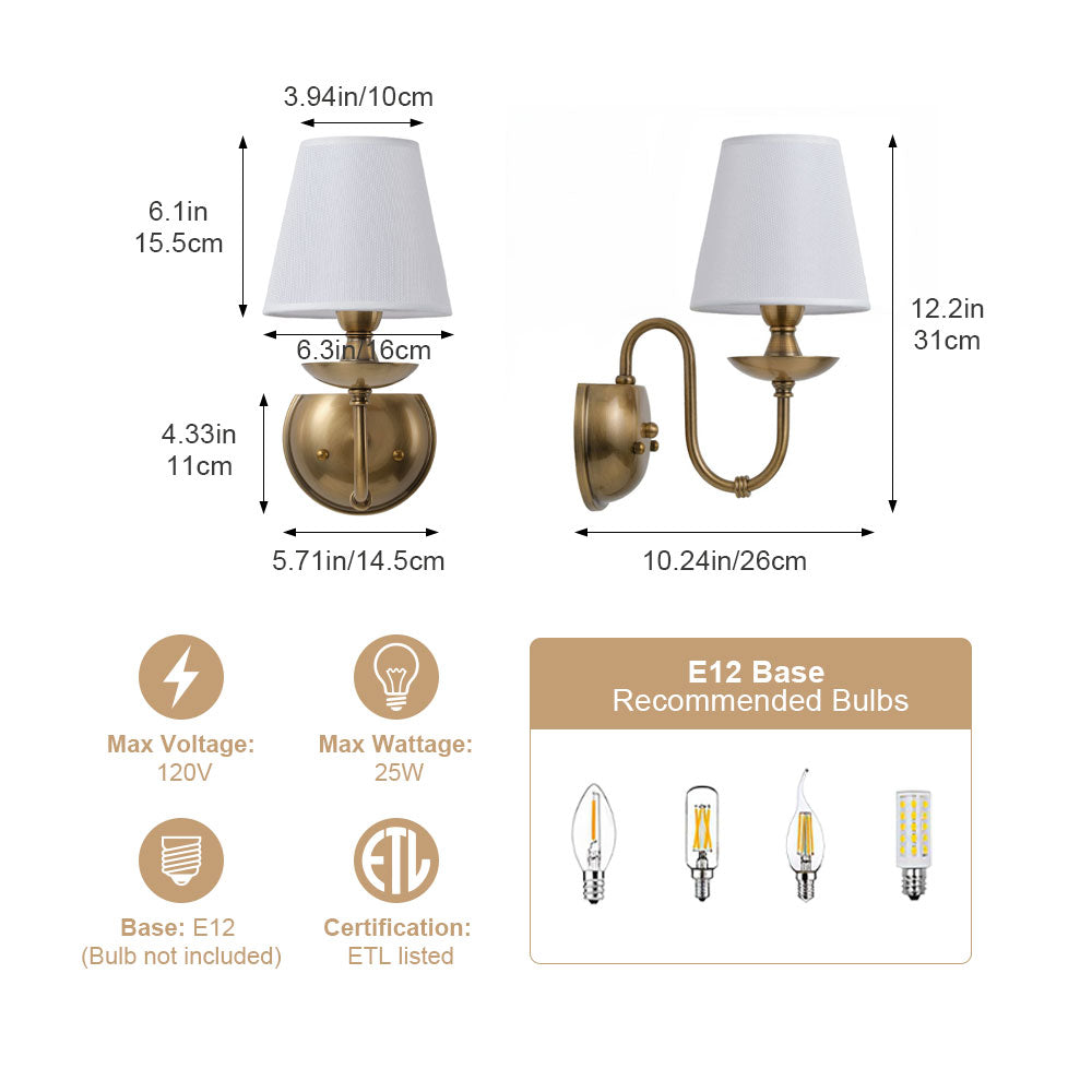 1 Light Vintage Wall Sconce With White Fabric Shade