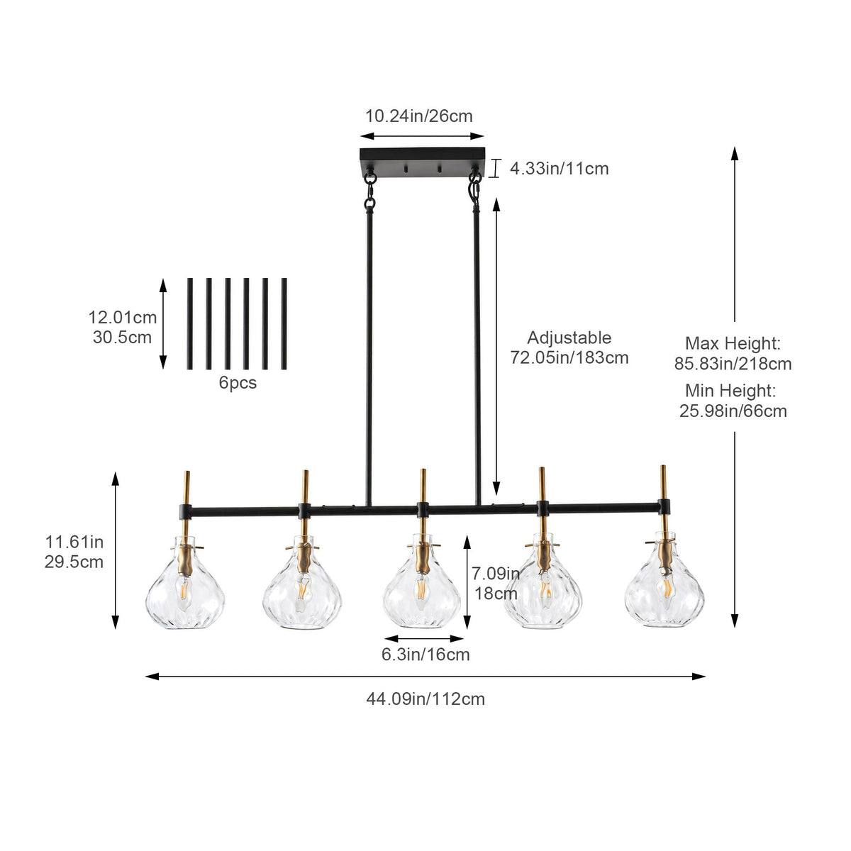 5-Light Linear Kitchen Island Chandelier with Clear Glass