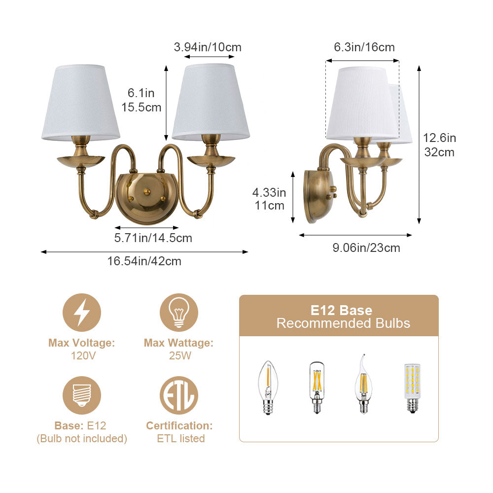 2 Light Vintage Wall Sconce With White Fabric Shade