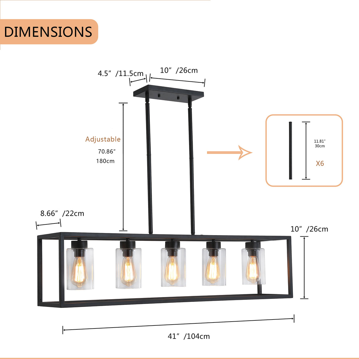 5-Lights Industrial Linear Kitchen Island Lights