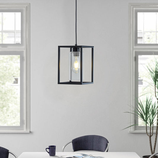 1-Light Rectangular Frame Cylinder Glass Shade Pendant Lighting