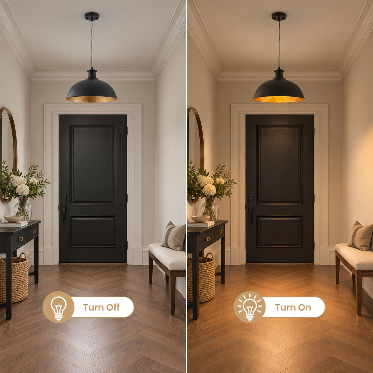 1-Light Black Exterior Gold Interior Bowl Pendant Light