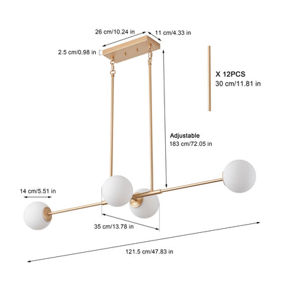4-Light Gold Linear Chandelier with Opal Glass Globes for Dining Table