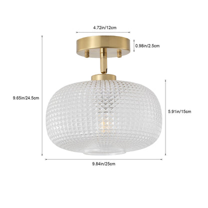 1-Light Brass Semi Flush Mount Ceiling Light Textured Glass Shade