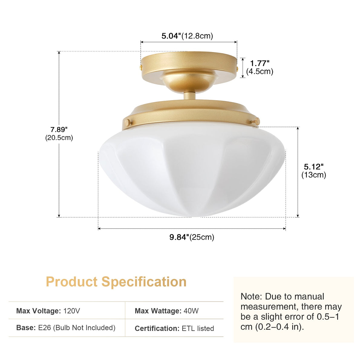 1-Light Gold Semi Flush Mount Ceiling Light With White Opal Glass Shade