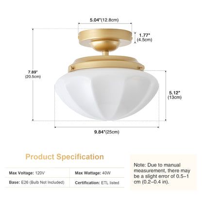 1-Light Gold Semi Flush Mount Ceiling Light With White Opal Glass Shade