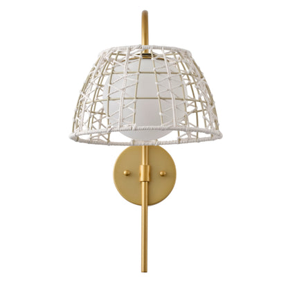 1-Light Boho Wall Sconce Gold Iron Woven Rope Shade Frosted Globe ETL Bedroom