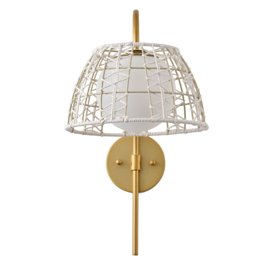 1-Light Boho Wall Sconce Gold Iron Woven Rope Shade Frosted Globe ETL Bedroom