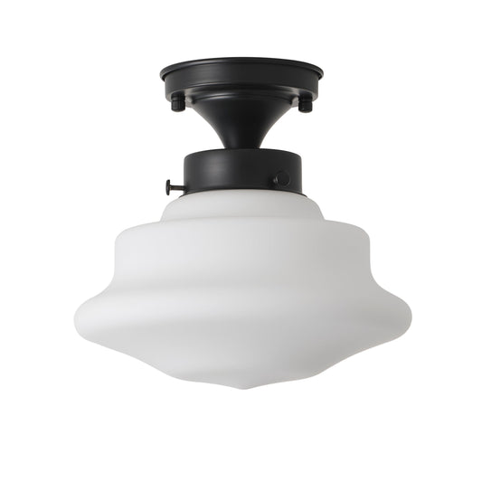 1-Light Retro Classic Semi Flush Mount Light Opal White Glass Shade Matte Black Ceiling Lamp