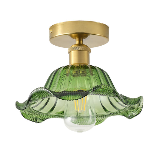 1-Light Retro Green Glass  Brass Semi Flush Mount Ceiling Light