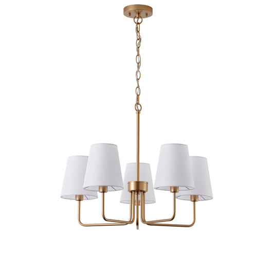 5-Light 25.2"Mid Century Modern  White Fabric Shades Deep Gold Chandelier