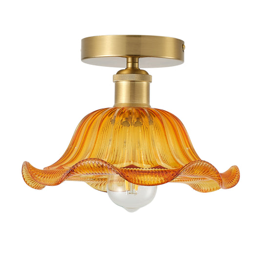 1-Light Vintage Flower Shade Amber Glass Flush Mount Ceiling Light