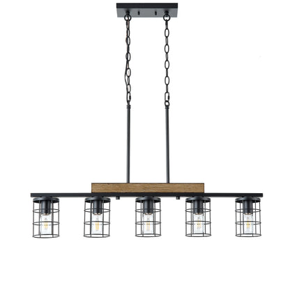 5‑Light Industrial Farmhouse Black Faux Wood  Pendant Light