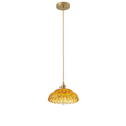 1-Light Vintage Amber Glass Pendant Light with Floral Shade