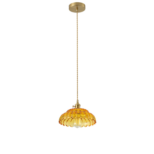 1-Light Vintage Amber Glass Pendant Light with Floral Shade