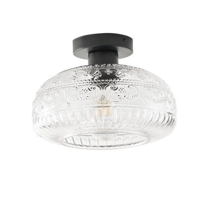 1-Light Industrial Flush Mount, Clear Patterned Glass Dome, Hallway Bedroom Ceiling Light