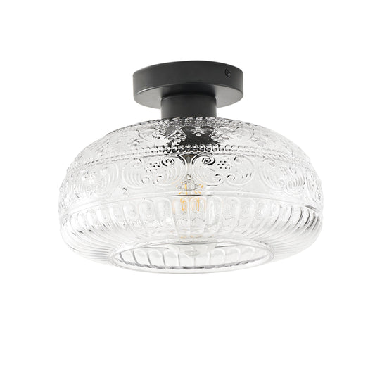 1-Light Industrial Flush Mount, Clear Patterned Glass Dome, Hallway Bedroom Ceiling Light