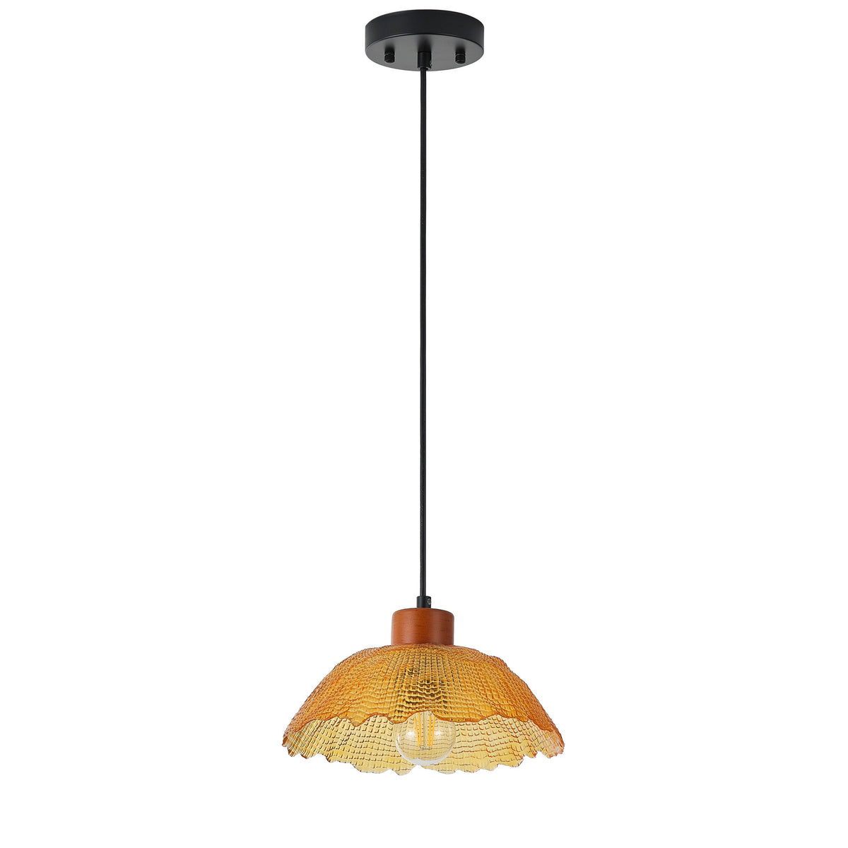 1-Light Vintage Pendant Light Amber Glass Shade Matte Black Farmhouse Kitchen Island