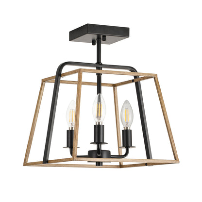 3-Light Industrial Semi Flush Mount Square Lantern Ceiling Light Brass