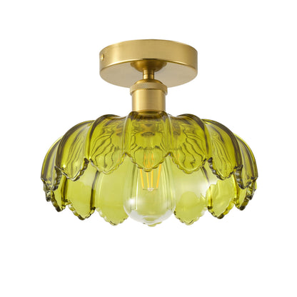 1-Light Vintage Green Glass Shade Semi Flush Mount Ceiling Light