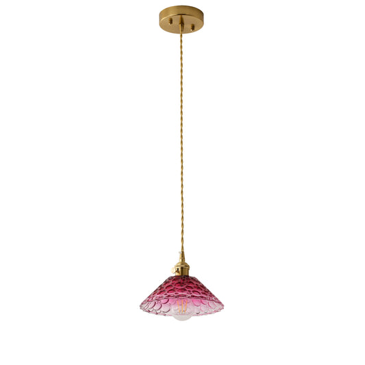 1-Light Artistic Glass Pendant Light Pink Violet Shade Bubble Textured Cone Design