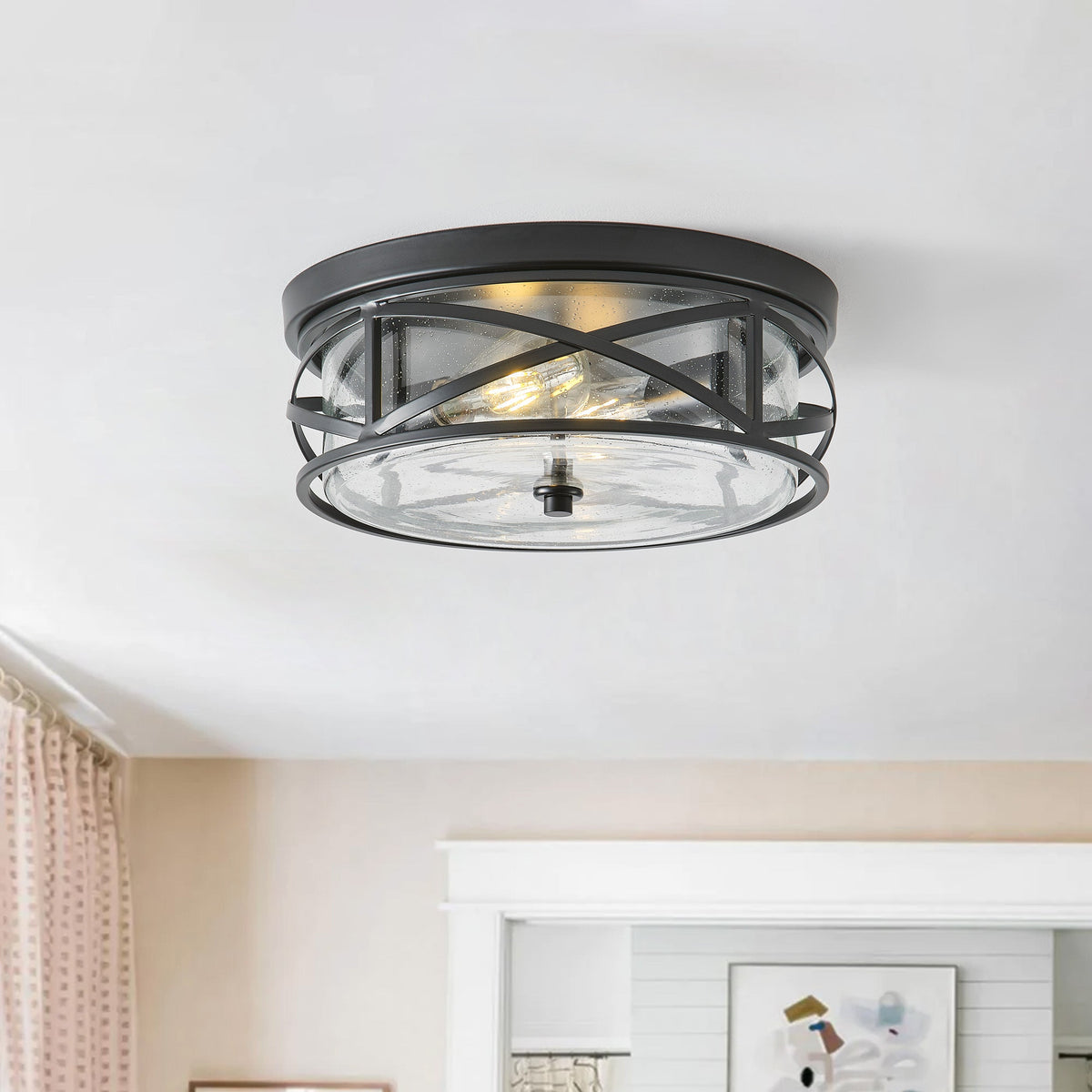 2-Lights Farmhouse Metal Cage Black Flush Mount Lighting