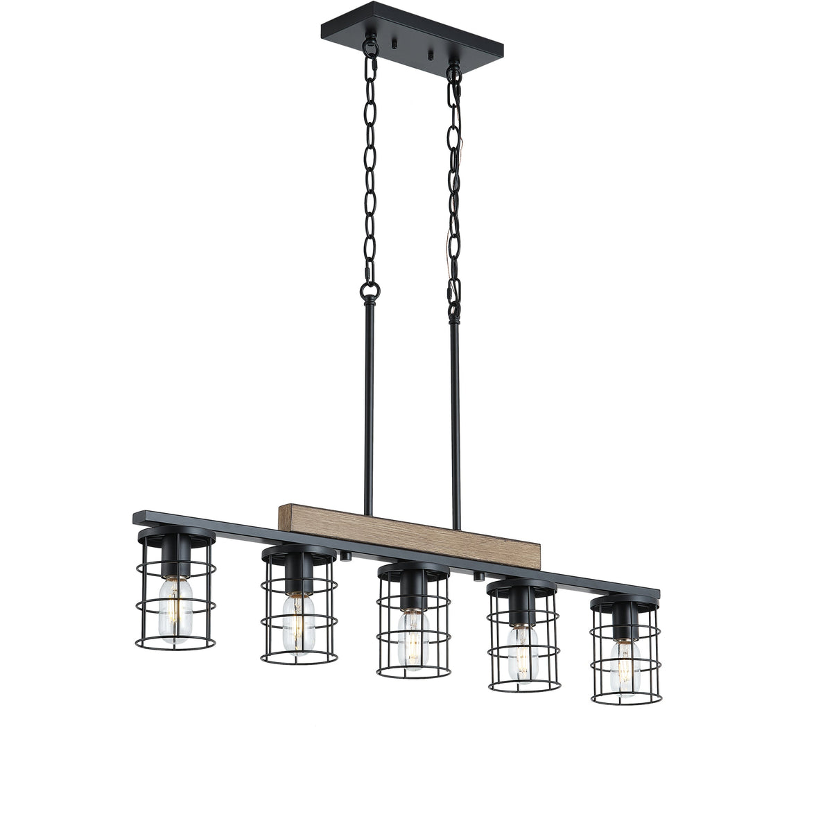 5‑Light Industrial Farmhouse Black Faux Wood  Pendant Light
