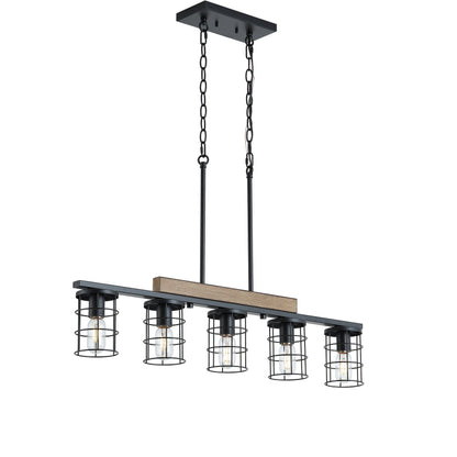 5‑Light Industrial Farmhouse Black Faux Wood  Pendant Light