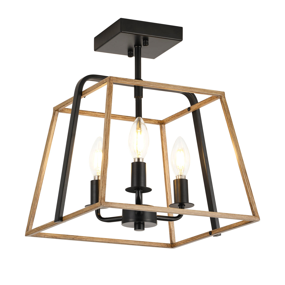 3-Light Industrial Semi Flush Mount Square Lantern Ceiling Light Brass