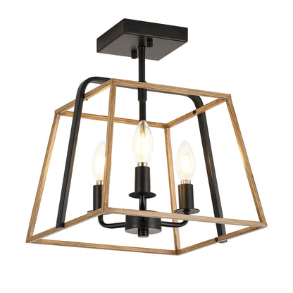 3-Light Industrial Semi Flush Mount Square Lantern Ceiling Light Brass