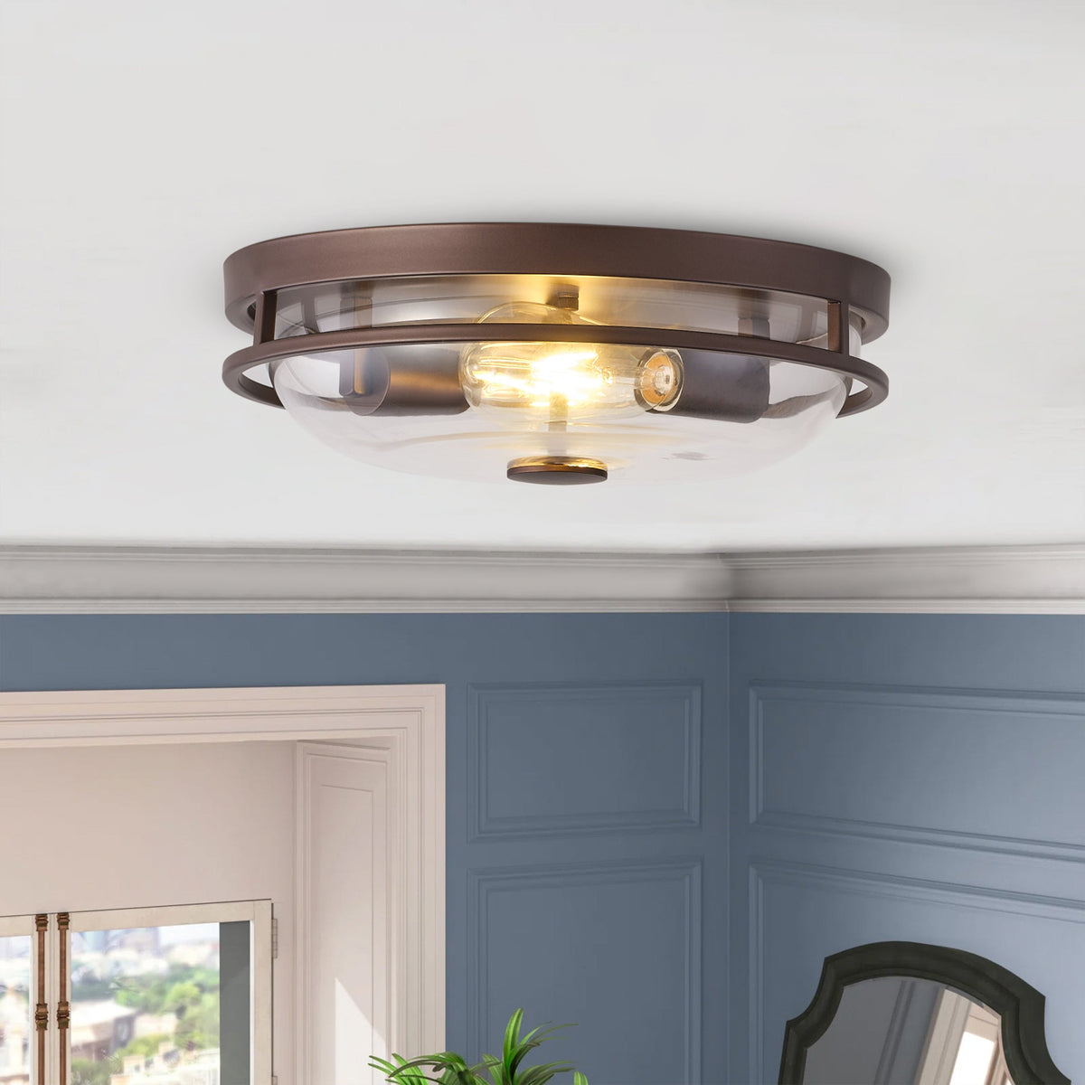 2-Lights Farmhouse Round Shape Brown Flush Mount Lighting
