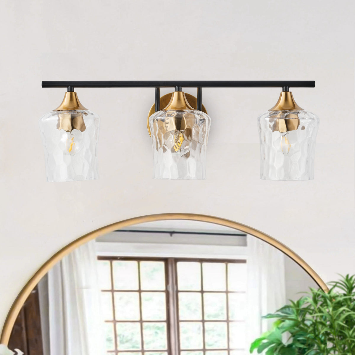 3-Lights Gold With Textured Glass Shade Bathroom Vanity Lighting