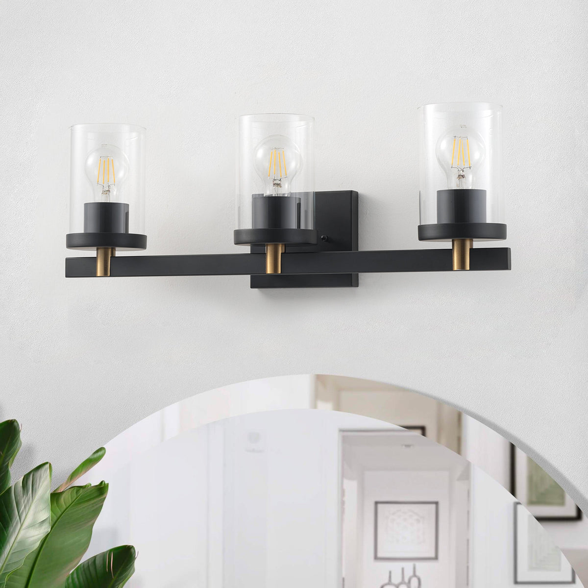 3-Lights Pine Wood Grain Color Frame with Clear Glass Shade Bathroom Vanity Lighting
