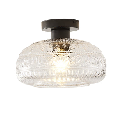 1-Light Industrial Flush Mount, Clear Patterned Glass Dome, Hallway Bedroom Ceiling Light