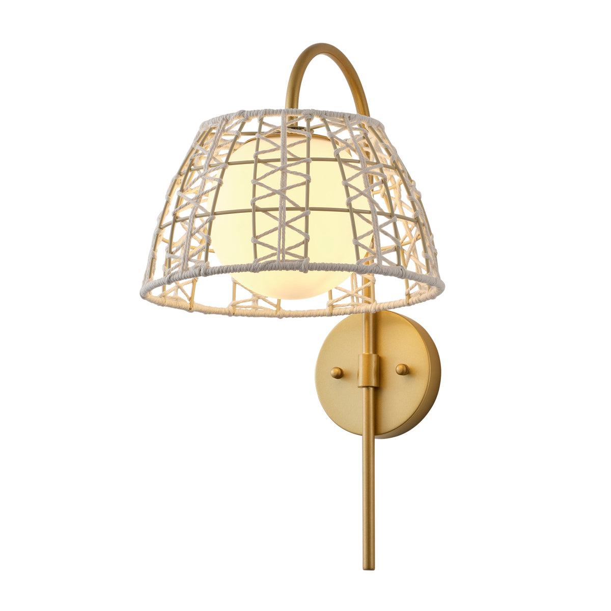 1-Light Boho Wall Sconce Gold Iron Woven Rope Shade Frosted Globe ETL Bedroom
