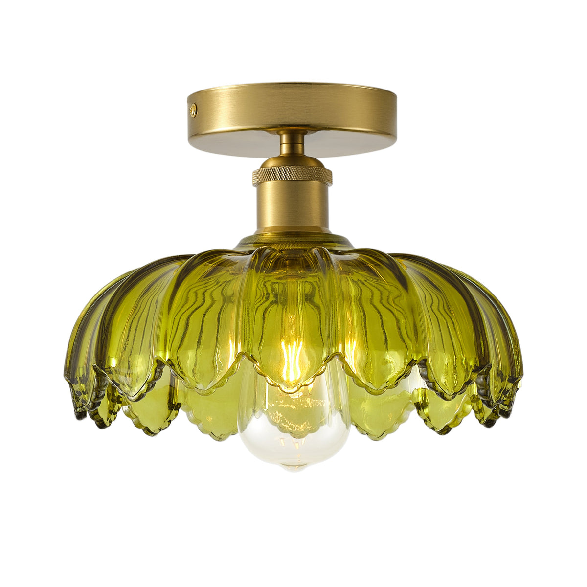 1-Light Vintage Green Glass Shade Semi Flush Mount Ceiling Light
