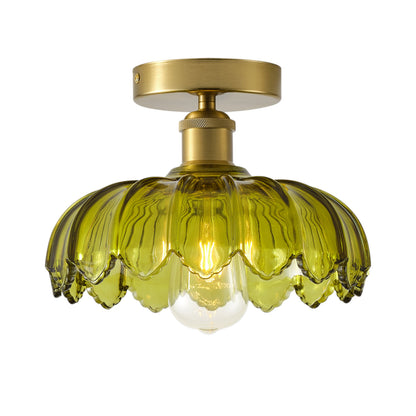 1-Light Vintage Green Glass Shade Semi Flush Mount Ceiling Light
