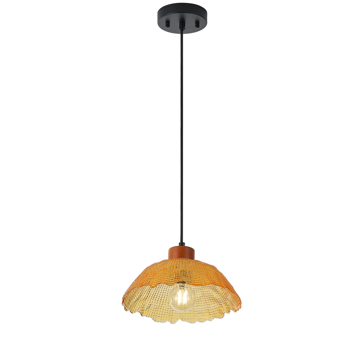 1-Light Vintage Pendant Light Amber Glass Shade Matte Black Farmhouse Kitchen Island