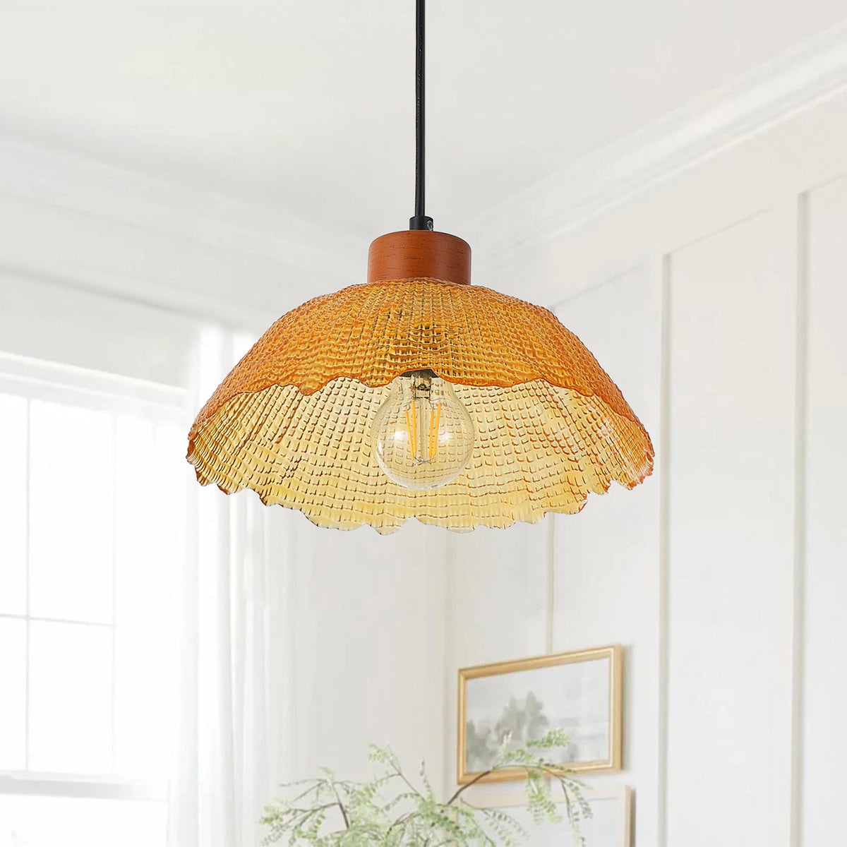 1-Light Vintage Pendant Light Amber Glass Shade Matte Black Farmhouse Kitchen Island