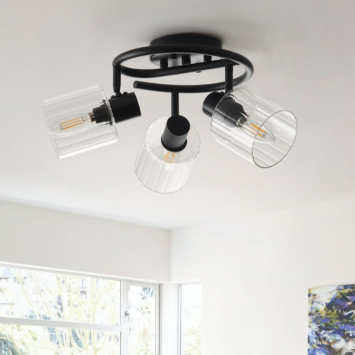3-Light Modern Adjustable Matte Black Semi-Flushed Ceiling Light